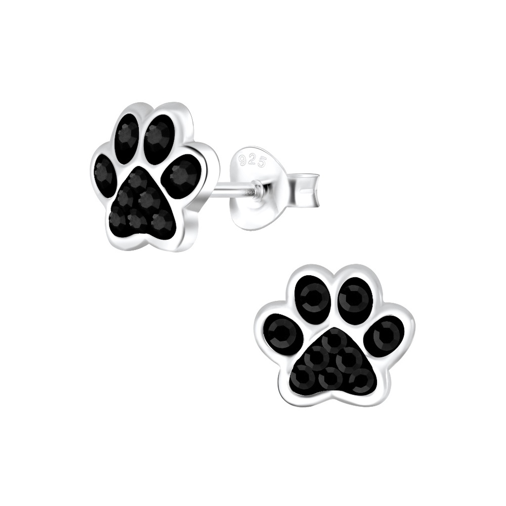Silver Paw Studded Earrings - Jet